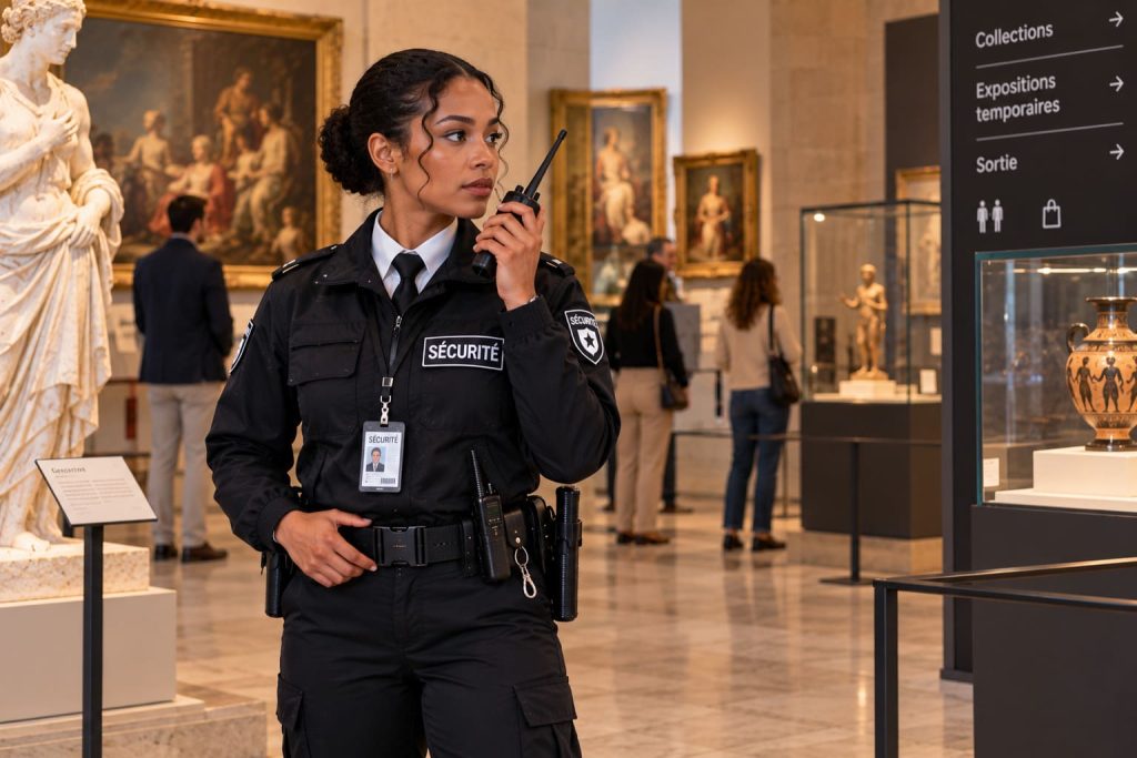 Agente de sécurité surveillant les visiteurs et les œuvres d’art dans un musée.