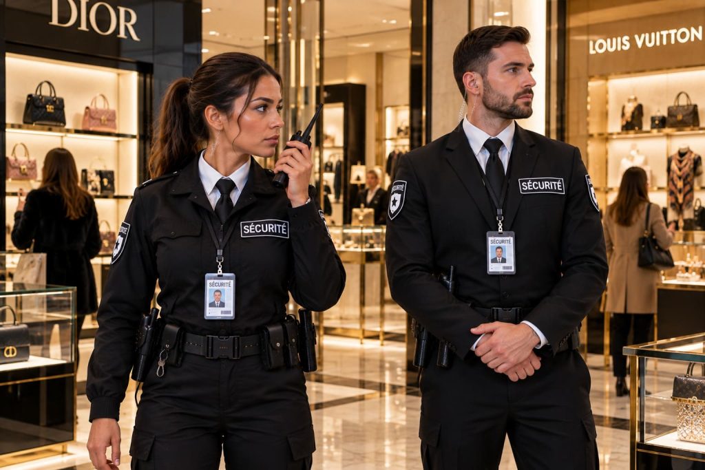 Agents de sécurité en uniforme assurant la protection d’une boutique de luxe.