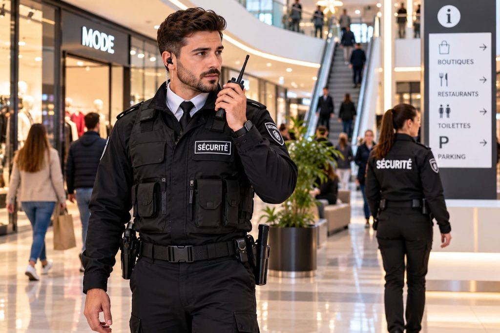 Agent de sécurité surveillant les allées et les accès d’un centre commercial.