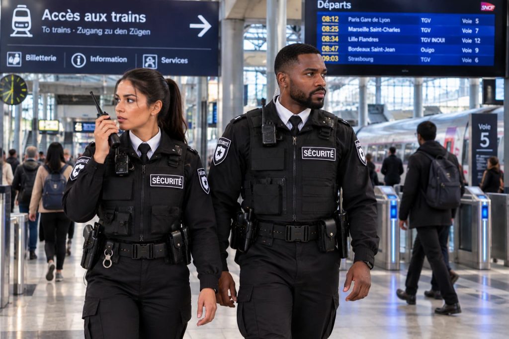 Agents de sécurité surveillant les voyageurs et les accès dans une gare ferroviaire.