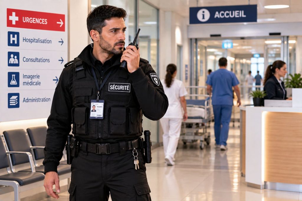 Agent de sécurité surveillant les accès et les espaces d’accueil d’un hôpital.