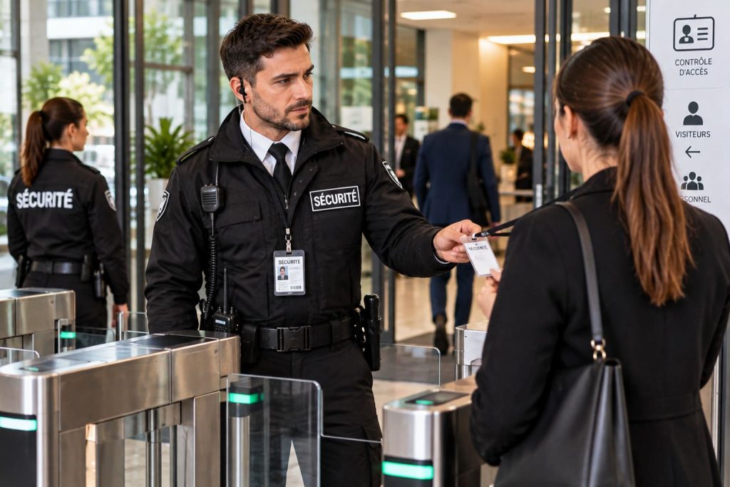 Agent de sécurité vérifiant le badge d’une visiteuse à un point de contrôle.