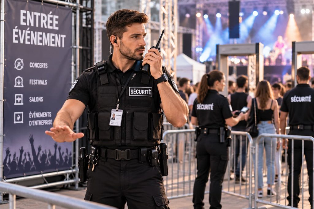Agent de sécurité contrôlant les entrées d’un événement et encadrant le public.