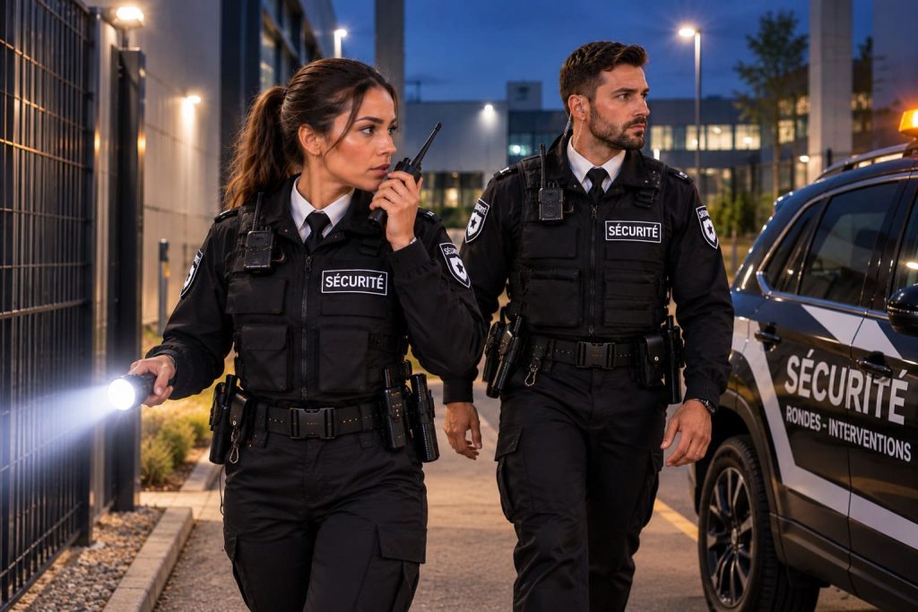 Équipe d’agents de sécurité effectuant une ronde de surveillance à l’extérieur d’un bâtiment.